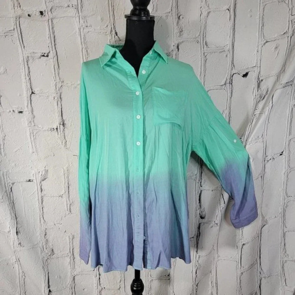 WHITE BIRCH Womens M Long Sleeve Flowy Relaxed Ombre Fun Button‎ Down Blouse Top - Picture 1 of 8